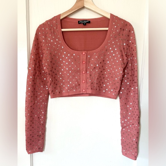 Betsey Johnson Sweaters - Vintage Betsey Johnson Crop Sequin Cardigan Top Rosy Pink M 90s Black Label
